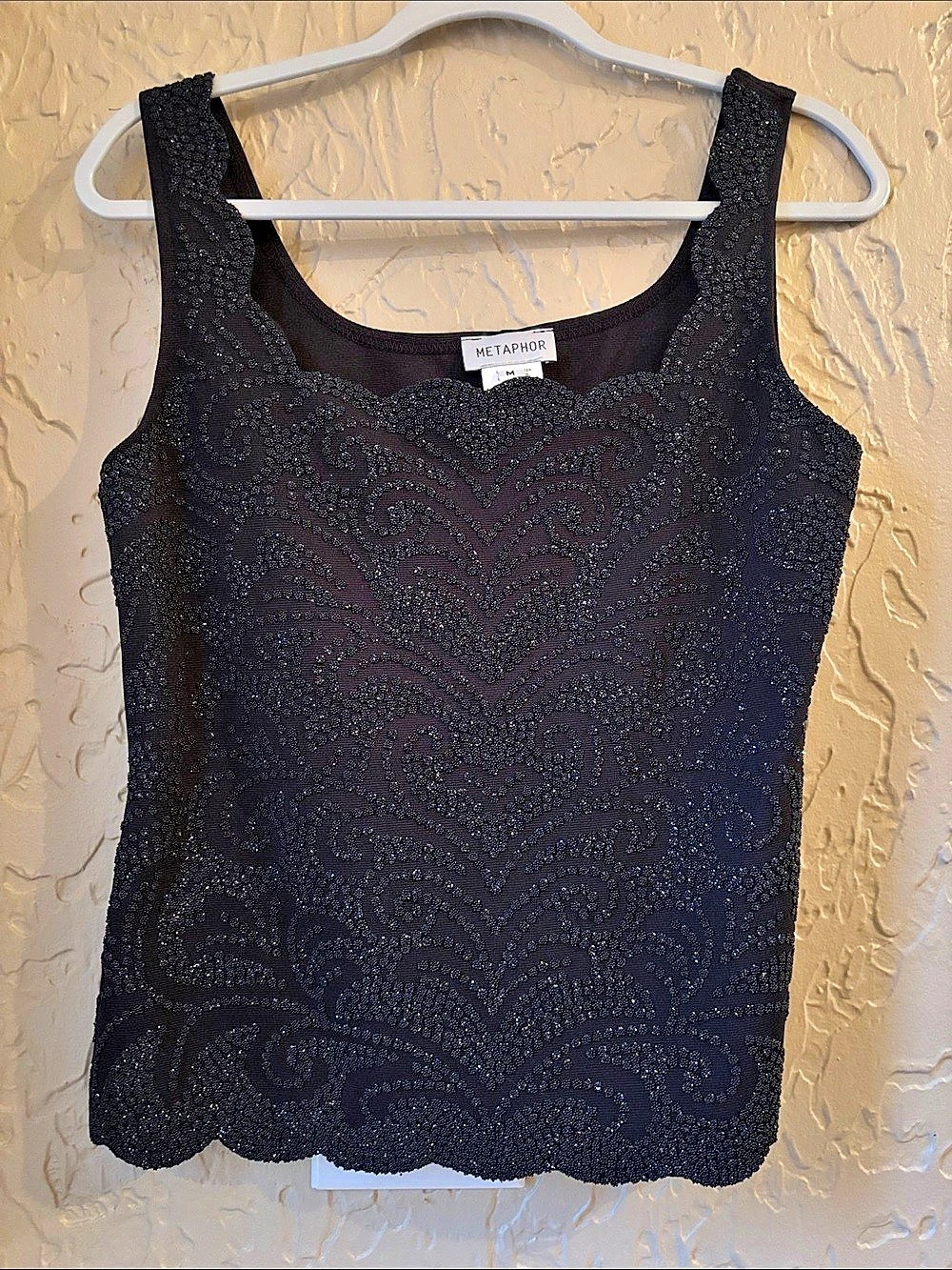 Vintage Y2K Metaphor Black Beaded Sequin Tank Top Scalloped Hem M EUC